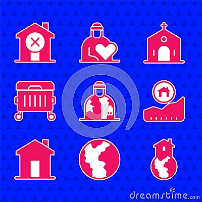 Set Homeless, Global economic crisis, Shelter for homeless, Rising cost of housing, Real estate, Trash can, Church Vector Illustration