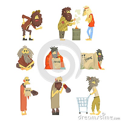 Set of homeless people, characters in dirty torn clothes. Unemployment and homeless issues cartoon vector Illustrations Vector Illustration