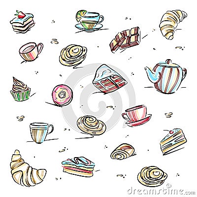 Set of homemade cakes, drawn with felt-tip pens in different colors in Doodle style Vector Illustration