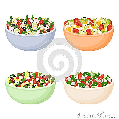 Set of homemade salads from fresh vegetables. Healthy food. Vagan and vegetarian meal. Vector illustration Vector Illustration