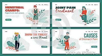 Set homepages for medical site depicting body pain cartoon vector illustration. Vector Illustration