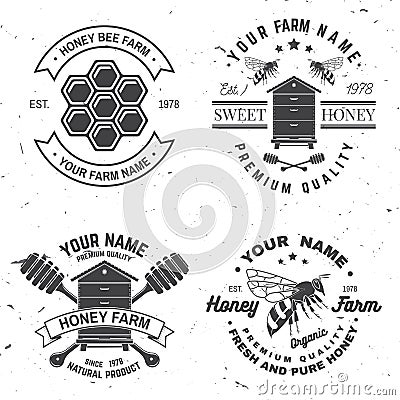 Set of Honey bee farm badge. Vector. Concept for shirt, stamp or tee. Vintage typography design with bee, hive and bear Vector Illustration