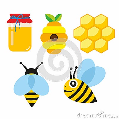 Set of honey bees and honeycombs vector illustration Vector Illustration