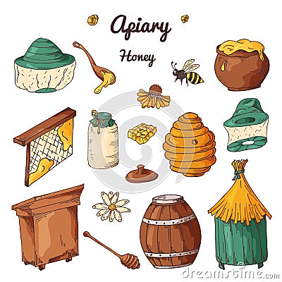 Set of honey elements. Apiary icons for your design. Vector sketches, sweet natural food Stock Photo