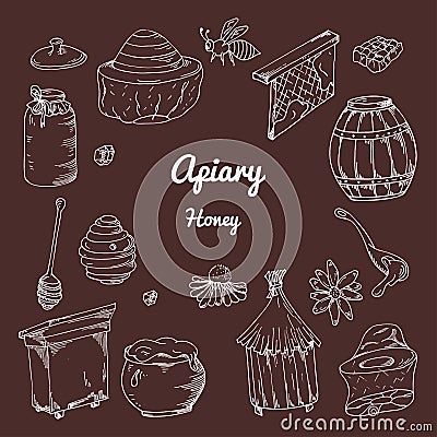 Set of honey elements. Apiary icons for your design. Vector sketches, Vector Illustration