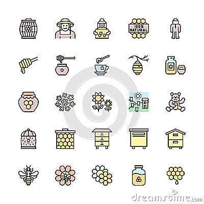 Set of Honey Flat Color Line Icons. Beekeeper, Apiary, Beehive and more. Vector Illustration