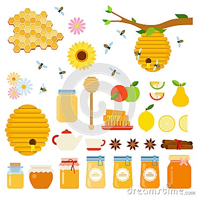 Set of Honey and Honeybee icons flat vector Vector Illustration