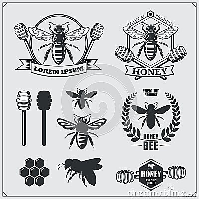 Set of honey labels, badges and design elements. Honeycombs, bees, honey emblems. Vector Illustration