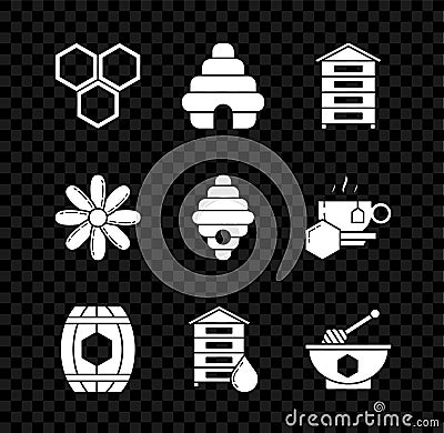Set Honeycomb, Hive for bees, Wooden barrel with honey, dipper stick and bowl, Flower and icon. Vector Vector Illustration