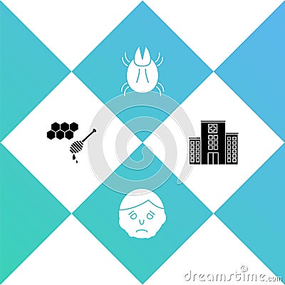 Set Honeycomb with honey dipper, Inflammation face, Parasite mite and Medical hospital building icon. Vector Stock Photo
