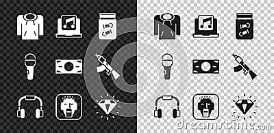 Set Hoodie, Laptop with music, Evidence bag bullet, Headphones, Rapper, Diamond, Microphone and Stacks paper money cash Vector Illustration