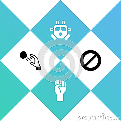 Set Hooligan shooting stones, Raised hand with clenched fist, Gas mask and Ban icon. Vector Vector Illustration