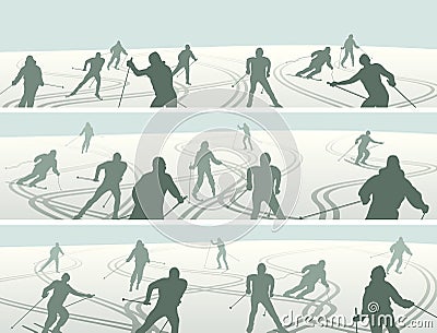 Set of horizontal abstract banners silhouettes of skiers in hill Vector Illustration