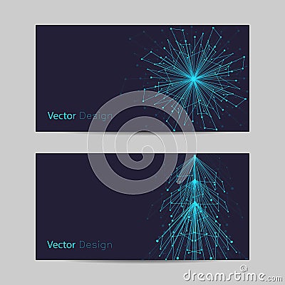 Set of horizontal banners. Abstract snowflake and fir tree made of connected lines and dots Vector Illustration
