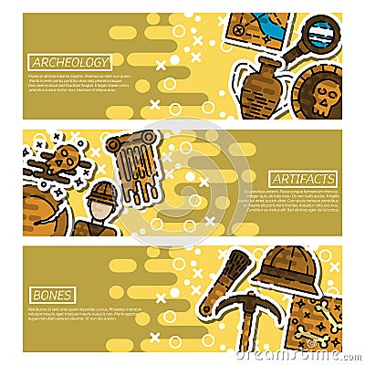 Set of Horizontal Banners about archeology Vector Illustration