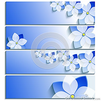 Set of horizontal banners blue with blossoming sakura Vector Illustration