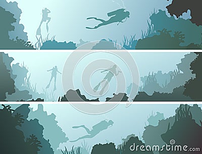 Set horizontal banners of divers under water. Vector Illustration