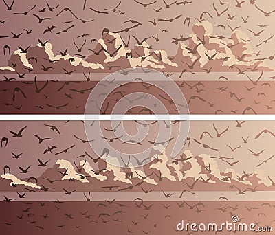 Set of horizontal banners with a flock of birds at sunset. Vector Illustration