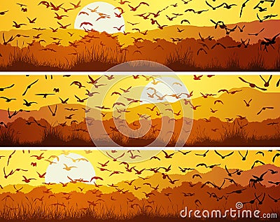 Set of horizontal banners with flock of birds at sunset. Vector Illustration