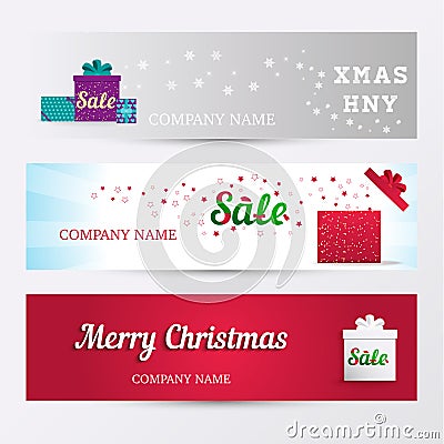 Set of horizontal banners. Holiday Sale background with stylized word Sale, of christmas symbols on a gift box Vector Illustration