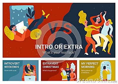 Introvert Extravert Horizontal Banners Vector Illustration