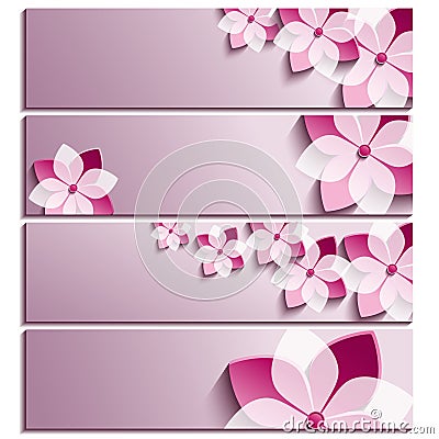 Set of horizontal banners purple with blossoming sakura Vector Illustration