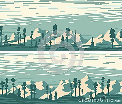 Set of horizontal banners with snowy forest mountains. Vector Illustration