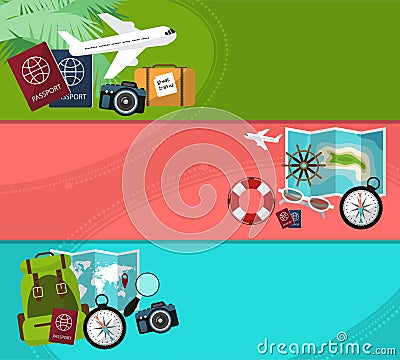 Set of horizontal banners on trips with space for your text. Travel,tourism illustration in flat style. Cartoon Illustration