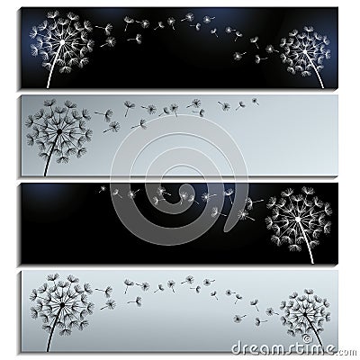 Set of horizontal black and grey banners with dandelions fluff Vector Illustration