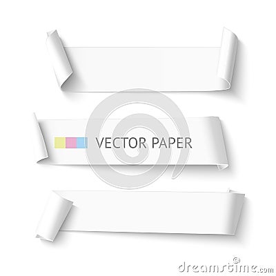 Set of horizontal blank white curved paper ribbon banner. Realistic vector template Vector Illustration