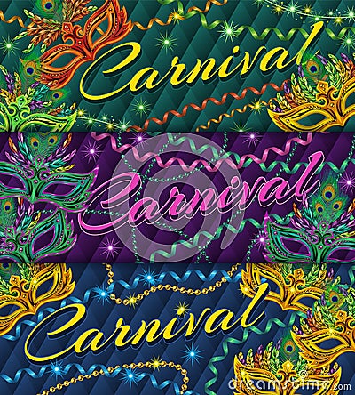 Set of 3 horizontal carnival banners Vector Illustration