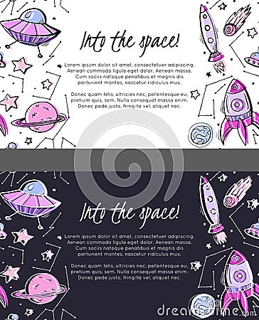 Set of horizontal child card with contour space pattern of constellation, rocket, star, planet and place for text. Into the space Vector Illustration