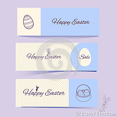 Set of horizontal Easter banners with rabbit on beige and blue background with dotted pattern. Purple contours of hares, eggs Vector Illustration