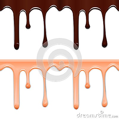 Set of horizontal seamless drip glaze. Chocolate and pink smudges on white background. Vector Illustration