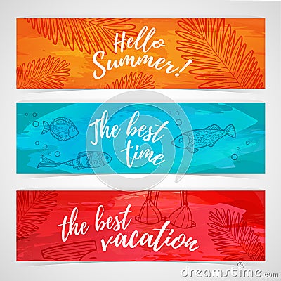 Set of horizontal summer banners with fish, leaf, swimsuit Vector Illustration