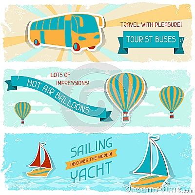 Set of horizontal travel banners in retro style Vector Illustration