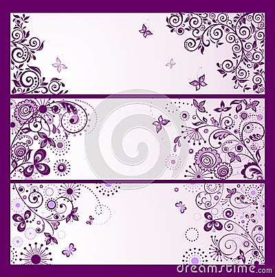 Set of horizontal violet floral greeting banners Vector Illustration