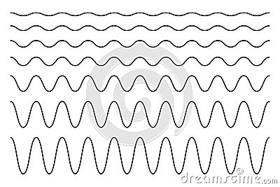 Set of horizontal wavy lines. Undulate borders. Sine or cosine curves. Water, fluid, air or wind symbols. River, sea Vector Illustration