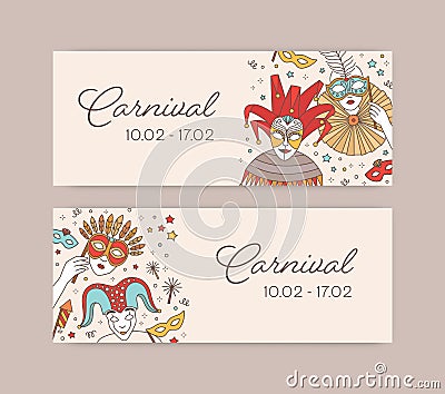 Set of horizontal web banner templates with traditional Venetian masks, cap and bells and costumes for carnival, Mardi Vector Illustration