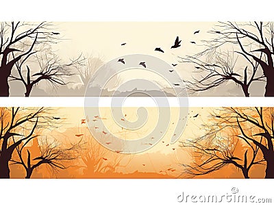 Horizontal wide banners of tree branches and flock of birds Made With Generative AI illustration Cartoon Illustration