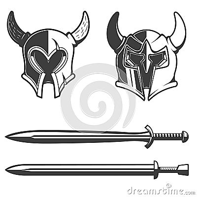 Set of the horned helmets and swords isolated on white Vector Illustration