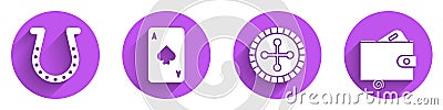 Set Horseshoe, Playing card with spades, Casino roulette wheel and Wallet with money icon with long shadow. Vector Vector Illustration
