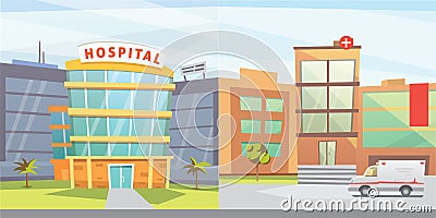 Set Hospital building cartoon modern vector illustration. Medical Clinic and city background. Emergency room exterior. Vector Illustration