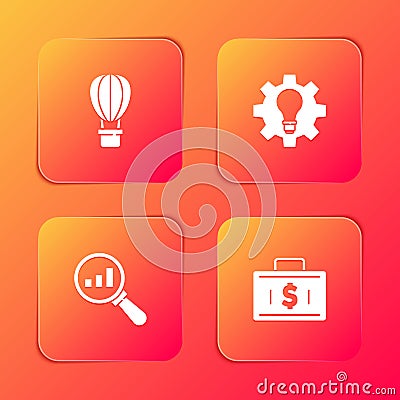 Set Hot air balloon, Light bulb and gear, Magnifying glass analysis and Briefcase money icon. Vector Vector Illustration