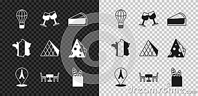 Set Hot air balloon, Wine glass, Cherry cheesecake slice, Eiffel tower, French cafe, baguette bread, Map of France and Vector Illustration