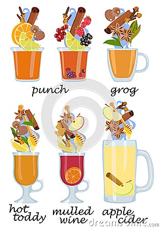 Set of hot alcoholic cocktails on white background.. Vector illustration. Vector Illustration