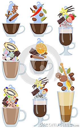 Set of hot coffee drinks with spicy additives. Vector illustration. Vector Illustration