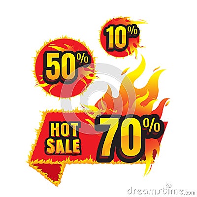 The set of hot sale burning labels discount 10%. 50%. 70% and ta Vector Illustration