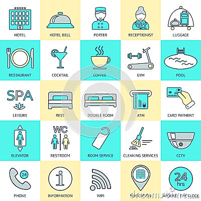Set of hotel icons line. Hotel service. Logo, glyphs and pictogram collection. Vector Cartoon Illustration
