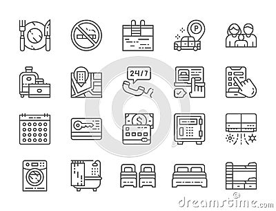 Set of Hotel Service Line Icons. Cutlery, Travel Bags, Booking Room and more. Vector Illustration